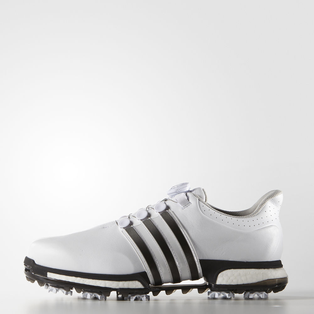 Adidas Tour 360 Boa Boost Wide - παπουτσια γκολφ ανδρικα - Ασπρα/Μαυρα/Βαθυ Ασημι Μεταλλικός,Μέγεθος